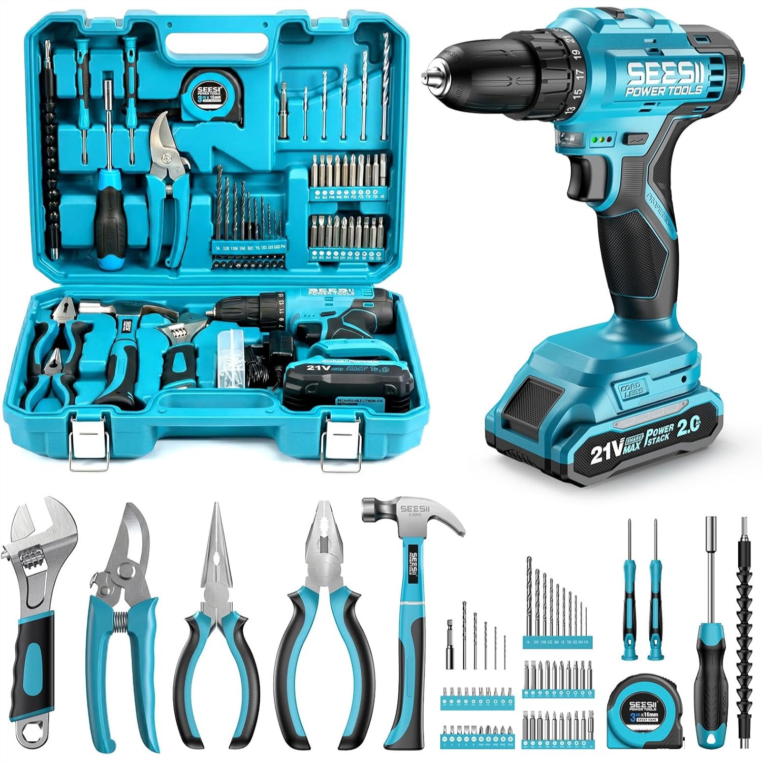 Power Tools Combo Kits - 21V Cordless Drill Tool Kit 190Pcs